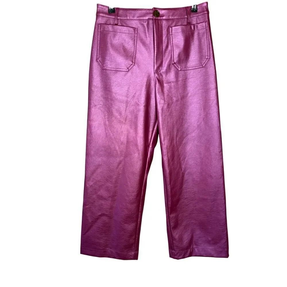 CECE Women's High Waist Wide Leg Faux Leather Pants Pink Size Medium